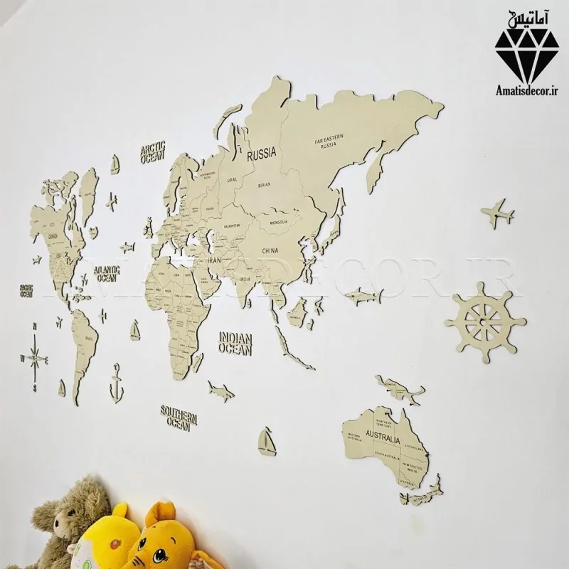 نقشه چوبی جهان با نام کشورها رنگ کرم - نمای شماره 2 - نقشه چوبی - دیوارکوب نقشه جهان - تابلو نقشه جهان