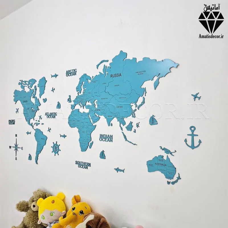 world map wooden13 نقشه چوبی جهان با نام کشورها رنگ آبی - از زاویه سمت راست 1 - با لنگر و جهت نما و جزییات کامل