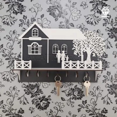 جا کلیدی دیواری طرح کلبه درختی کد 109 - رنگ مشکی و سفید