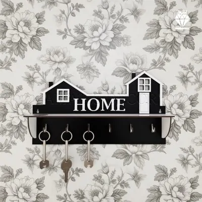 جا کلیدی دیواری طرح هوم 6 قلاب آویز کد 102 - نمای جلو - رنگ مشکی و سفید