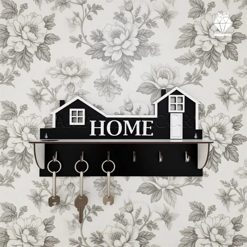 جا کلیدی دیواری طرح هوم 6 قلاب آویز کد 102 - نمای جلو - رنگ مشکی و سفید